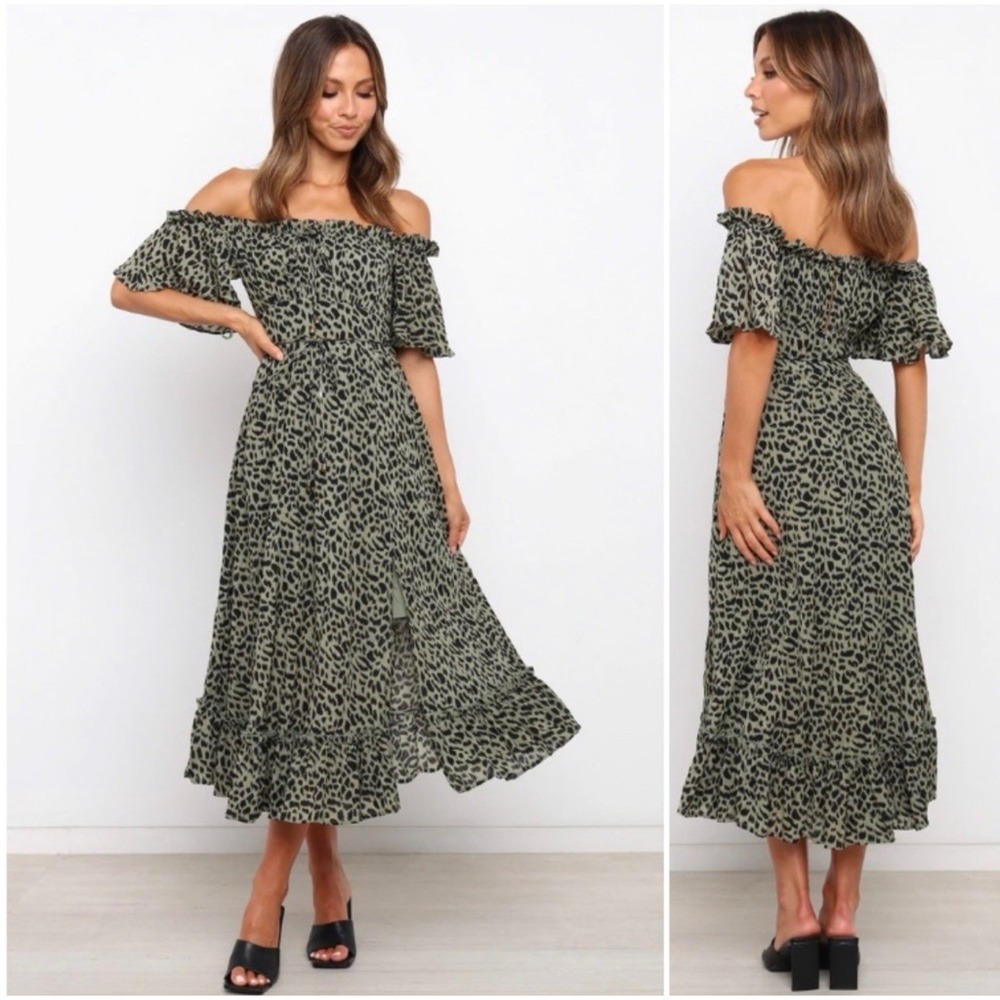 Petal &‎ Pup Womens Olive Green Leopard Pattern Ruffle Off Shoulder Midi Dress 6